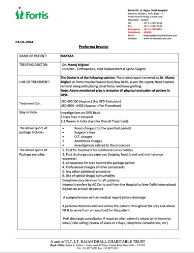 Sample of a Proforma Invoice from the hospital