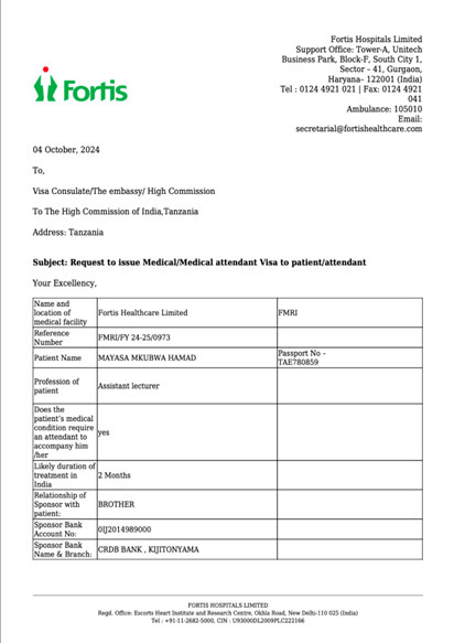 Sample of the medical visa invitation letter